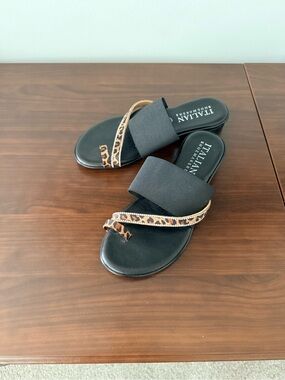 Italian Shoemakers Black Slide Sandals with Leopard-Print Strap